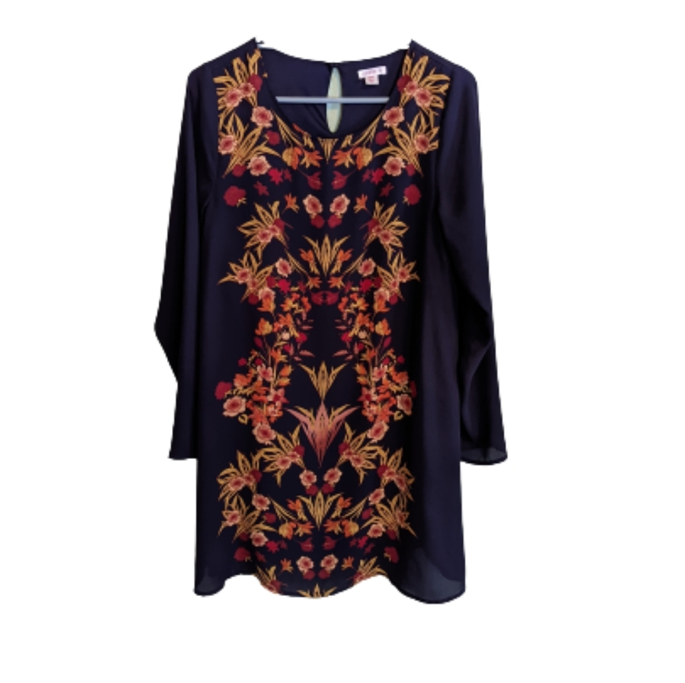 Xhilaration Navy Blue Dress with Floral Design, Size Medium